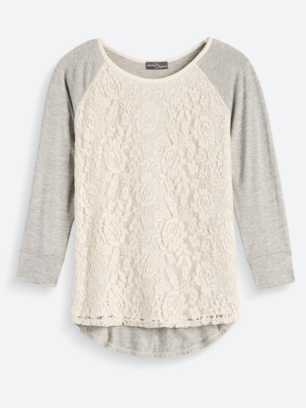 Market & Spruce Bernadette Lace Overlay Raglan Top Medium Blouse Shirt Grey